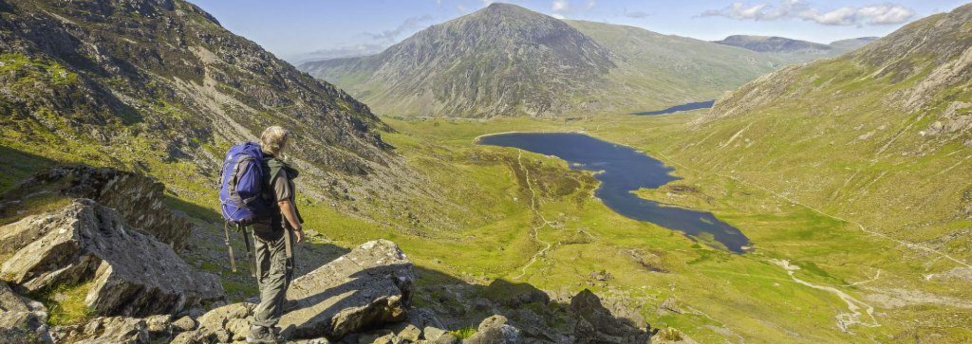 man walking in North Wales mountains.