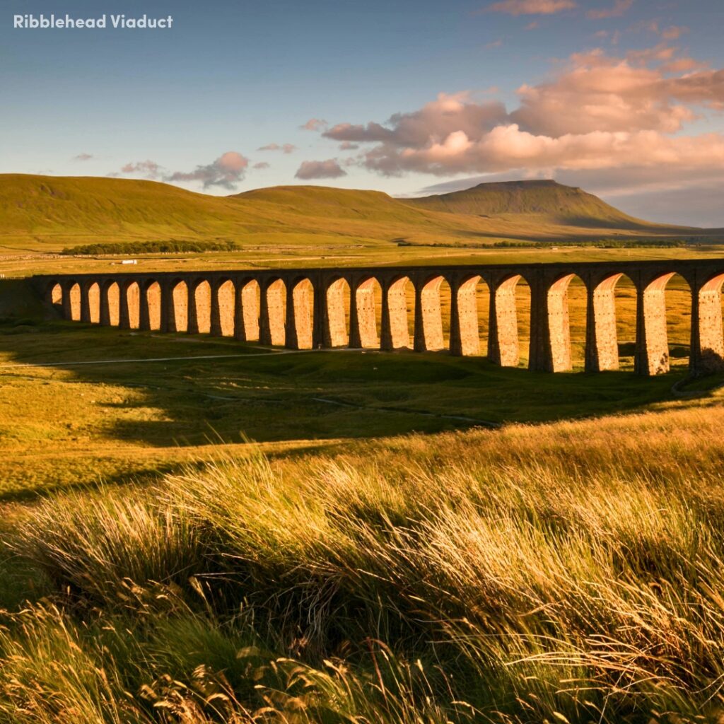 Ribblehead Viaduct in North Yorkshire spanning across vast dales in a golden sunset light.The sky is blue with some pink clouds.