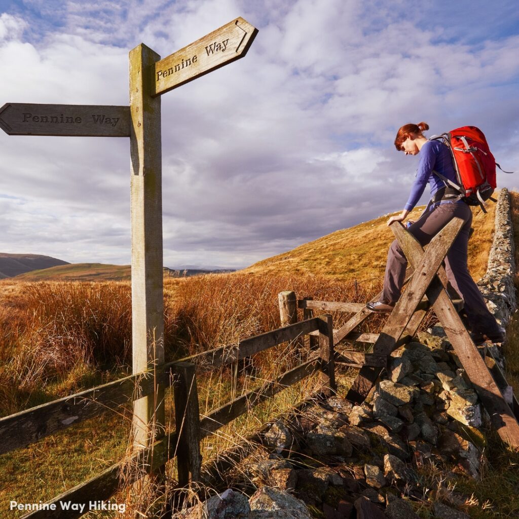 Someone hiking the pennine way in North Yorkshire. On the left there's a wooden signpost with "pennine way' written on it. There's a wooden fence running diagonally towards the top left of the image over fell land and on the righthand side is a wooden style with a female hiker climbing over it. She is a young woman with red hair and a red rucksack.