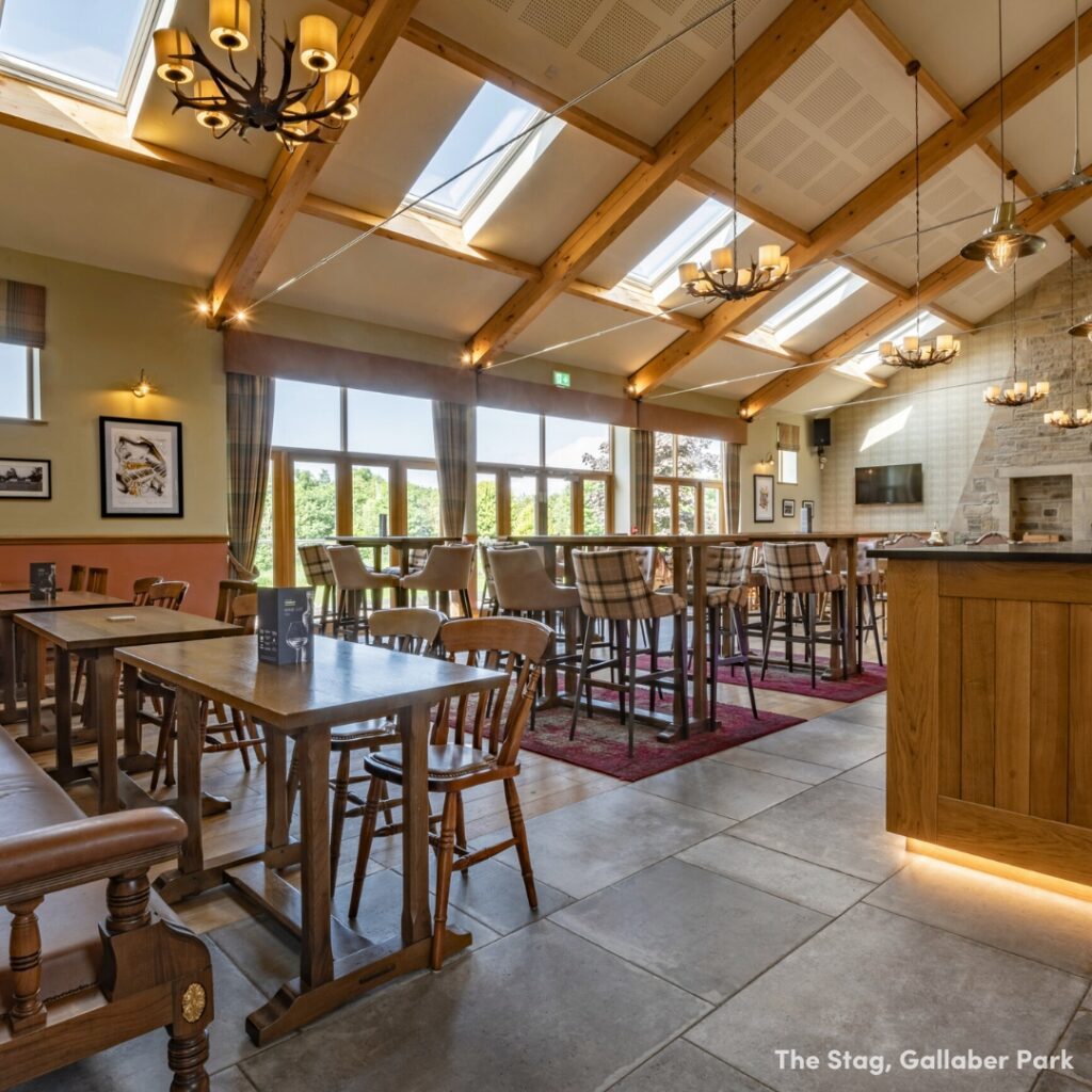 Interior shot of The Stag bar. The room is decorated like a cosy, but lofty, country pub/hunting lodge. The furniture is all a dark, pine colour. There are tables and chairs through the room, with a. corner of the bar visible on the right-hand side. At the back of the image are the patio doors and in the ceiling are Velux windows, letting in lots of natural light.