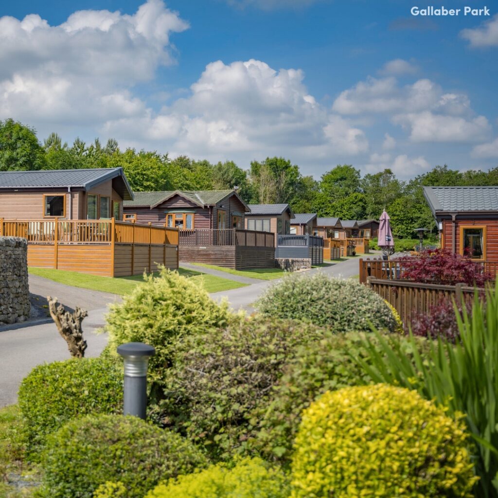 There is a blue sky with a bit of cloud coverage. There is a road with holiday lodges and caravans set to the left and right of it. In the foreground is a lot of kept shrubs and garden.