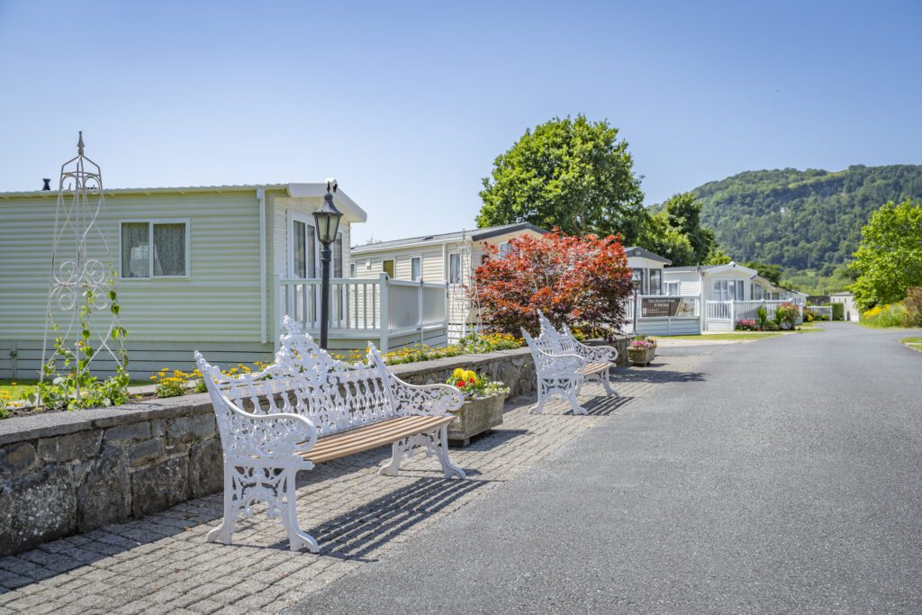 landscaped gardens at a Conwy caravan park with holiday homes