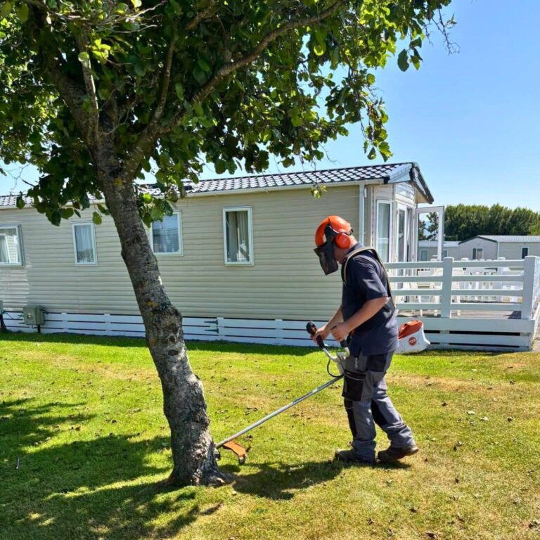 Grounds team member using an electric strimmer around a tree