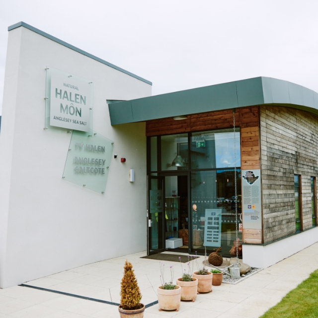 Entrance to the Halen Môn visitor centre on Anglesey, with white walls, timber cladding and potted plants.