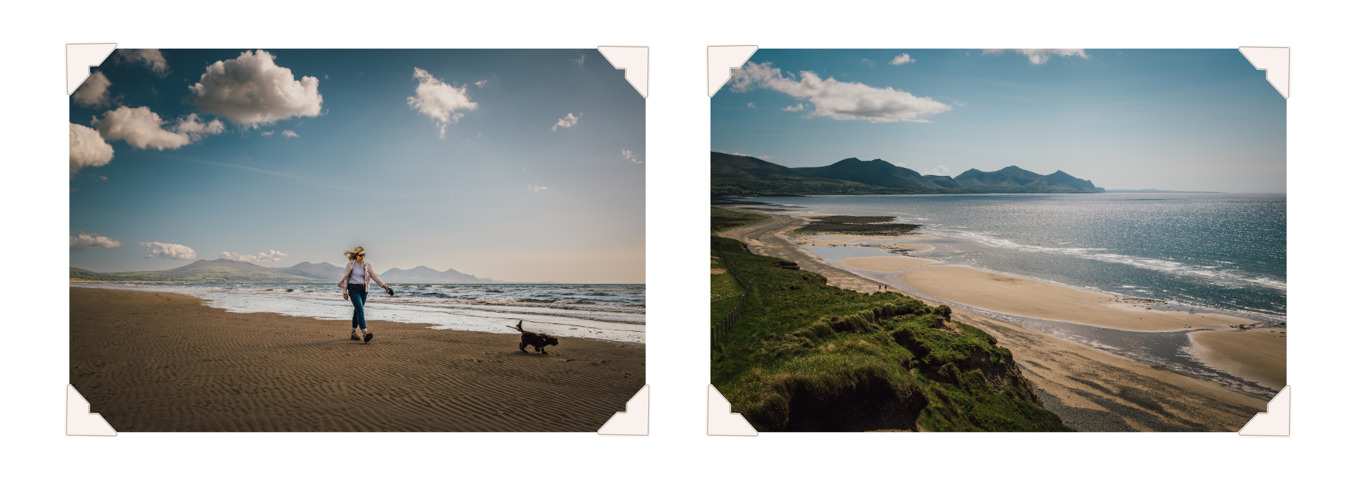 Two photographs of Dinas Dinlle showing a person walking a dog on the beach and an elevated view along the coast towards the mountains. Photo credit: Alex Davies / IG @alex.davies
