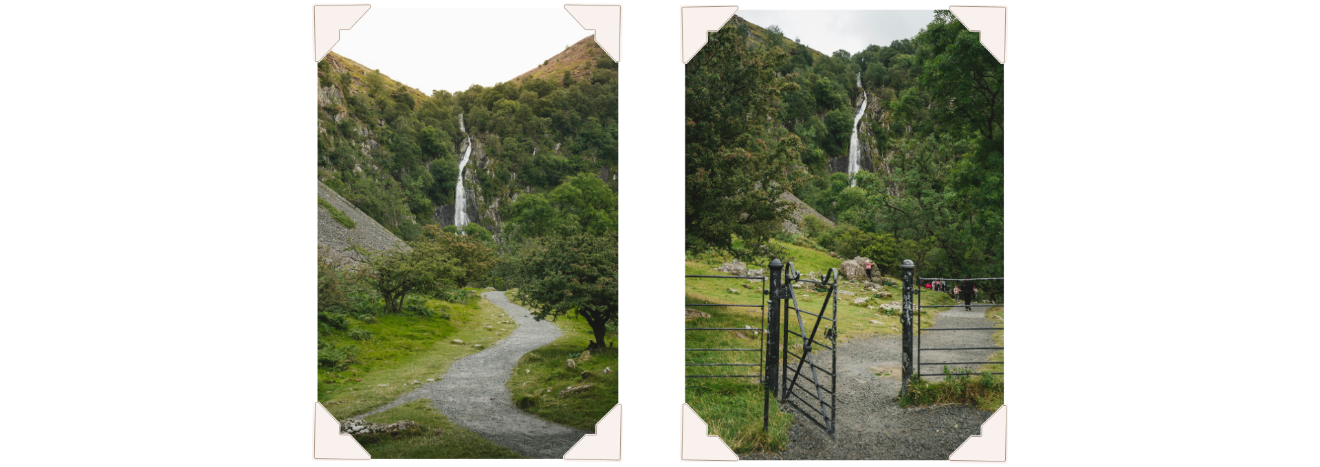 Two photographs of Aber Falls cascading down a wooded hillside, viewed from a winding path and an open gate. Photo credit: Alex Davies / IG @alex.davies