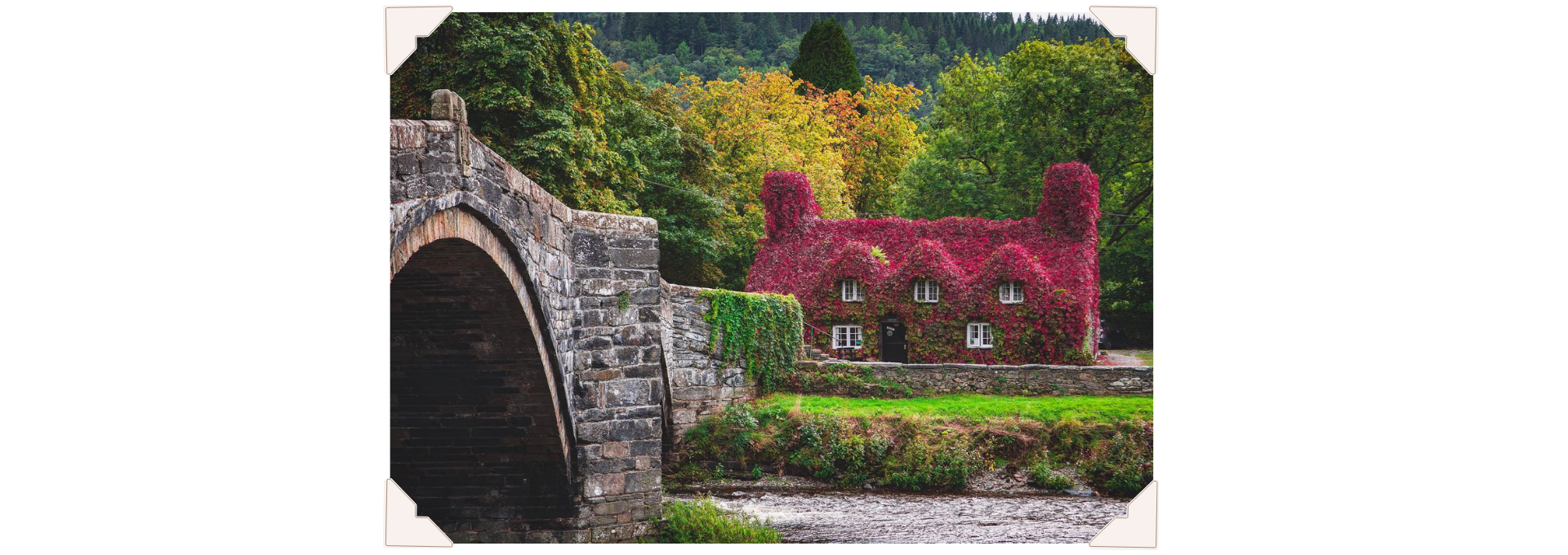 Red autumn leaves cover Tu Hwnt i’r Bont beside the stone bridge and River Conwy in Llanrwst.